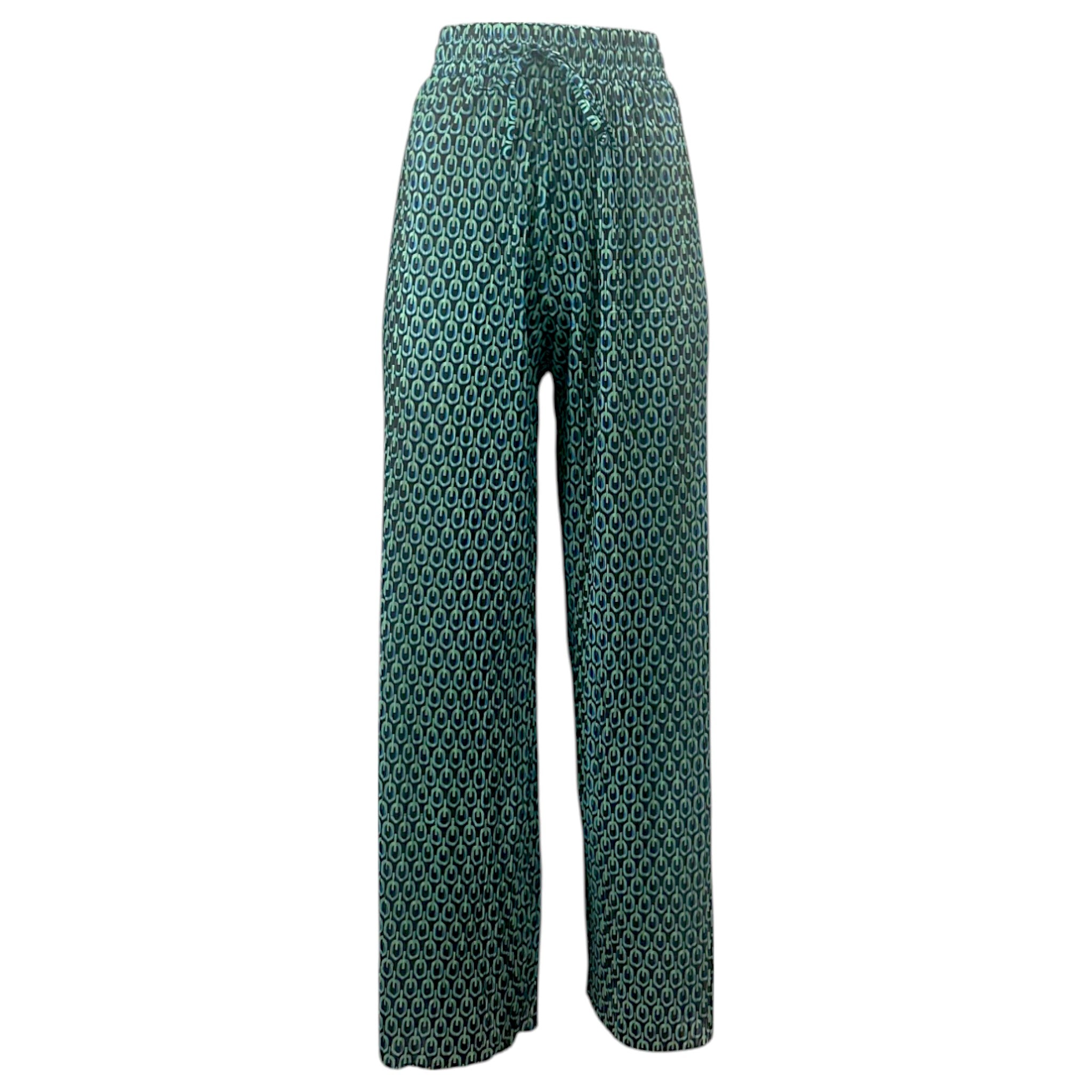 Women's printed wide-leg lounge trousers in green – lightweight elastic waist boho pants for casual summer wear